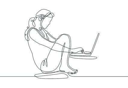 Continuous one line drawing girl sits at a laptop
