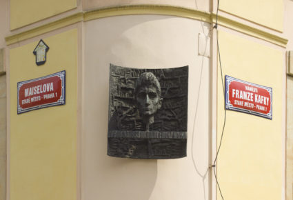 A plaque in Prague commemorates author Franz Kafka in Prague. Photo by Andrew Shiva via Wikimedia Commons