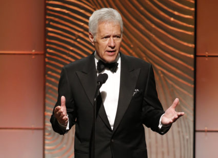 Jeopardy television game show host Alex Trebek speaks on stage during the 40th annual Daytime Emmy Awards in Beverly Hills, California. Photo by Danny Moloshok/Reuters