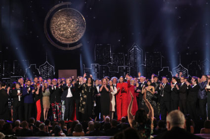 The cast and crew of "Hadestown" accept the award for Best Musical at the 73rd Annual Tony Awards. Photo by Brendan McDermid/Reuters