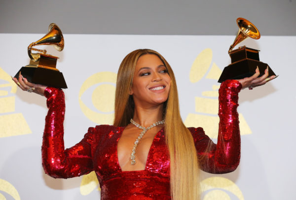 Beyonce holds the awards she won for Best Urban Contemporary Album for "Lemonade" and Best Music Video for "Formation" at the 59th Annual Grammy Awards in Los Angeles, California, U.S. , February 12, 2017. Photo by REUTERS/Mike Blake
