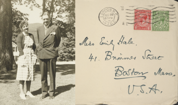 This image juxtaposes two photos. In the left photo, T.S. Eliot and Emily Hale are in Dorset, Vermont, in 1946. In the right, an envelope addressed to Hale at 41 Brimmer Street in Boston, Massachusetts, was handwritten by Eliot. Photo of the two friends courtesy of Princeton University Library. Photo of the envelope by Ashley Gamarello, courtesy of Princeton University Library