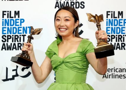 Lulu Wang poses backstage with the award for Best Feature for the film "The Farewell" and for Best Supporting Female which she accepted on behalf of Zhao Shuzhen, also for "The Farewell." Photo by Lucas Jackson/Reuters