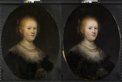 These two photos show the before (L) and after restoration of a painting called "Portrait of a Young Woman." The Allentown Art Museum now believes that the 1632 painting, which had been attributed to an unspecified artist in Rembrandt's workshop, is a work from the Dutch master himself. Photos courtesy of the Allentown Art Museum