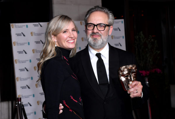 Sam Mendes with his Best Film Bafta award for 1917 alongside Alison Balsom attending the after show party for the 73rd British Academy Film Awards.