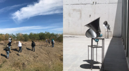 On the left, civilian group Las Rastreadoras de El Fuerte search in the desert for mass graves in Los Mochis, Mexico. On the right, artist Luz María Sánchez's sound piece "V.[u]nf_4", which incorporates sounds from the desert searches. It appeared at the University Museum Contemporary Art in Mexico City last year. Photos courtesy by Luz María Sánchez