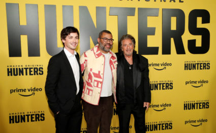 Executive producer Jordan Peele and cast members Logan Lerman and Al Pacino pose at a premiere for the television series "Hunters" in Los Angeles, California, February 19, 2020. Photo by Mario Anzuoni/Reuters