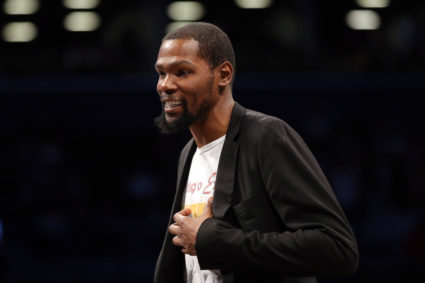 Feb 3, 2020; Brooklyn, New York, USA; Brooklyn Nets small forward Kevin Durant (7) smiles during a time out during the second quarter against the Phoenix Suns at Barclays Center. Mandatory Credit: Brad Penner-USA TODAY Sports