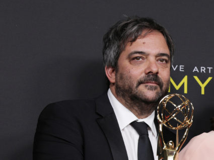 Adam Schlesinger, leader of band Fountains of Wayne, poses with an Emmy Award for Outstanding Original Music and Lyrics for "Crazy Ex-Girlfriend." Photo by Monica Almeida/Reuters
