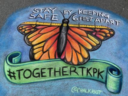 Artist Chelsea Ritter-Soronen of Chalk Riot has been drawing pavement murals in and around Takoma Park, Maryland. The murals are PSAs, messages of support and alerts to locals what restaurants are still open for takeout. Photo courtesy of Chelsea Ritter-Soronen/Chalk Riot