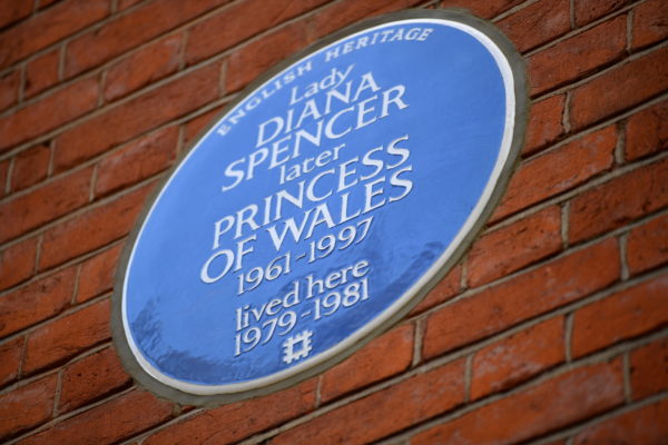 English Heritage's Blue Plaque to Diana, Princess of Wales marking the flat where she lived at the time of her engagement ...