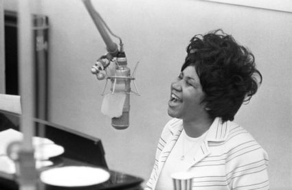 Aretha Franklin sings in the Atlantic Records studio during a 1969 "The Weight" recording session in New York City. Photo by Michael Ochs Archives/Getty Images