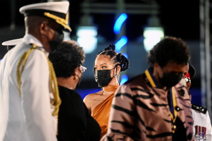 Rihanna, honored as a National Hero, attends the Presidential Inauguration Ceremony at Heroes Square on November 30, 2021 in Bridgetown, Barbados. Photo by Toby Melville - Pool/Getty Images