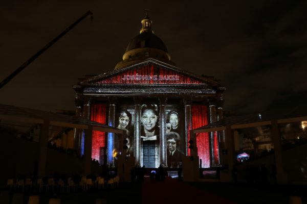 A view of the projections of Josephine Baker's photographs, as her cenotaph enters the French Pantheon in Soufflot street, Paris, France, November 30, 2021. Photo by Thomas Coex/Pool via REUTERS