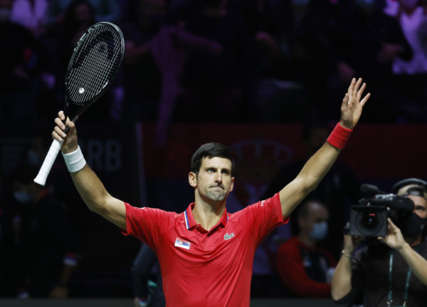 Serbia's Novak Djokovic celebrates after his singles match against Kazakhstan's Alexander Bublik in Madrid, Spain on December 1, 2021. Photo by Susana Vera/REUTERS