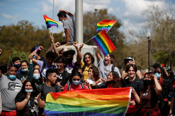 Hillsborough High School students protest a Republican-backed bill dubbed the "Don't Say Gay" that would prohibit classroom discussion of sexual orientation and gender identity, a measure Democrats denounced as being anti-LGBTQ, in Tampa, Florida, U.S., March 3, 2022. Photo by Octavio Jones/REUTERS
