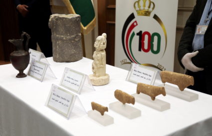 Artifacts handed over by the U.S. to Jordan are displayed during a ceremony in Amman