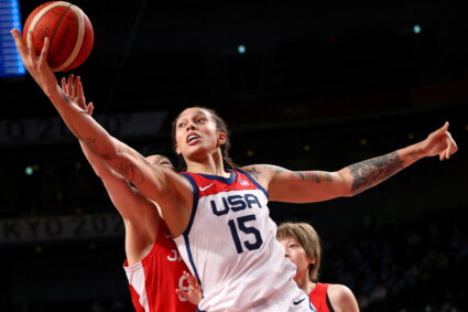 Brittney Griner of the United States in action with Himawari Akaho of Japan during the 2020 Tokyo Olympics on August 8, 2021. Photo by Brian Snyder/REUTERS