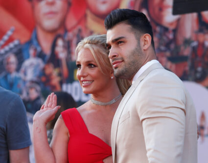 Britney Spears and Sam Asghari pose at the premiere of "Once Upon a Time In Hollywood"