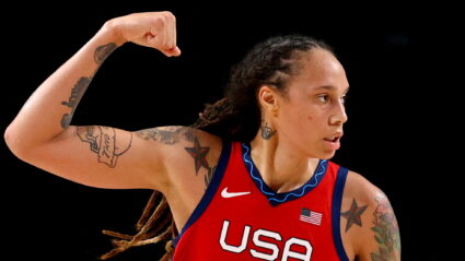 Brittney Griner of the United States gestures during a game against Australia at Saitama Super Arena in their Tokyo 2020 Olympic women's basketball quarterfinal game in Saitama, Japan August 4, 2021. Photo by Brian Snyder/REUTERS