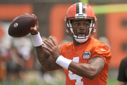Cleveland Browns quarterback Deshaun Watson throws a pass during training camp at CrossCountry Mortgage Campus in Berea, Ohio on Jul 28, 2022. Photo by Ken Blaze-USA TODAY Sports