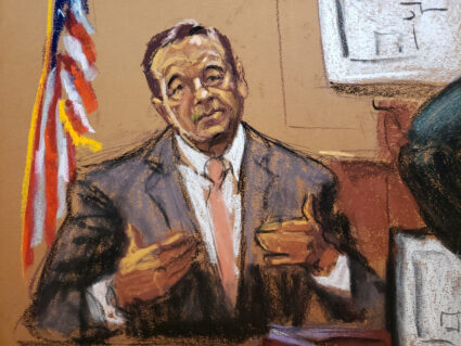 Kevin Spacey testifies during Anthony Rapp's civil sex abuse case against Spacey in this courtroom sketch from the trial in New York, U.S., October 17, 2022. Photo by Jane Rosenberg/REUTERS