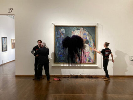 Activists of Last Generation Austria spill oil on a painting of Gustav Klimt in a museum in Vienna