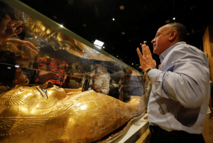 Dr. Mostafa Waziry, head of the Supreme Council of Antiquities speaks to media near the Gold Coffin of Nedjemankh during a...