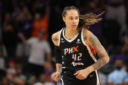 Brittney Griner #42 of the Phoenix Mercury during the first half in Game Four of the 2021 WNBA semifinals at Footprint Center on October 06, 2021 in Phoenix, Arizona. Photo by Christian Petersen/Getty Images