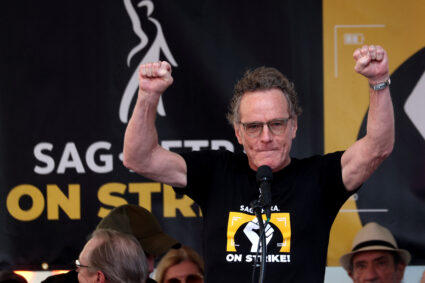 Actor Bryan Cranston gestures as he speaks at a SAG-AFTRA actors strike rally in Times Square in Manhattan in New York City, New York, U.S., July 25, 2023. Photo by Mike Segar/REUTERS