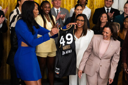 A'ja Wilson of the Las Vegas Aces gifts a jersey to Vice President Kamala Harris during an event to celebrate the team&#146;s 2022 WNBA championship victory at The White House in Washington D.C. on August 25, 2023. Photo by Josh Morgan-USA TODAY/REUTERS