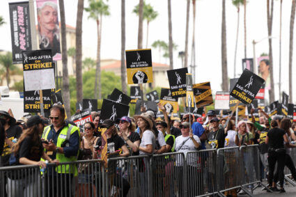 SAG-AFTRA actors and Writers Guild of America (WGA) writers rally during their ongoing strike in Los Angeles