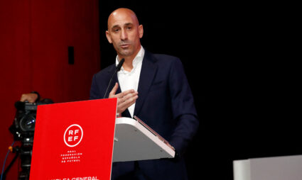 President of the Royal Spanish Football Federation Luis Rubiales announces he will be staying as president during a Spanish Soccer Federation Meeting in Las Rozas, Spain on August 25, 2023. Photo provided by RFEF/Handout via REUTERS