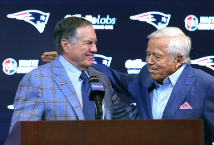 New England Patriots owner Robert Kraft pats the back of former head coach Bill Belichick after he addressed the media at Gillette Stadium about his departure. Photo by John Tlumacki/The Boston Globe via Getty Images