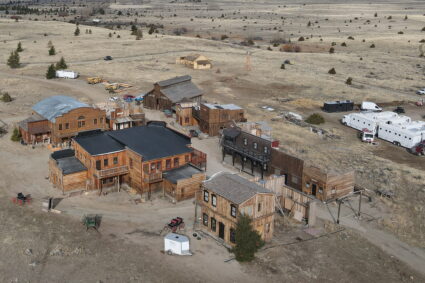 Buildings used on the set of the movie "Rust" are seen after filming resumed in Montana
