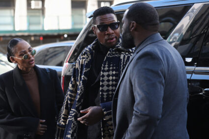 Actor Jonathan Majors arrives to the sentencing in his assault and harassment case at Manhattan Criminal Court in New York...