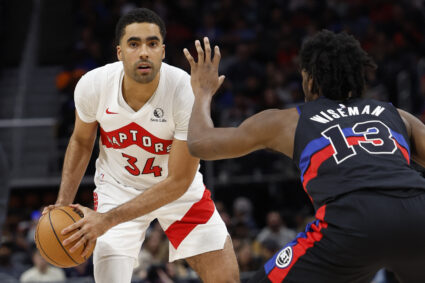 Raptors center Jontay Porter (34) is defended by Detroit Pistons center James Wiseman (13) in the second half at Little Caesars Arena on Mar 13, 2024 in Detroit, Michigan. Photo by Rick Osentoski-USA TODAY Sports
